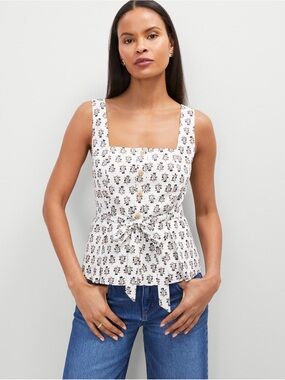 Ann Taylor White Floral Square-Neck Tie-Front Tank